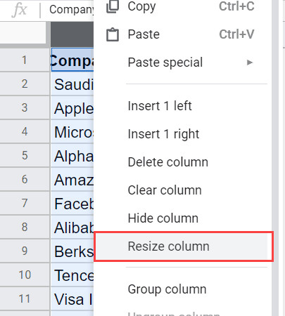 Cách căn chỉnh độ rộng của cột trong Google Sheets